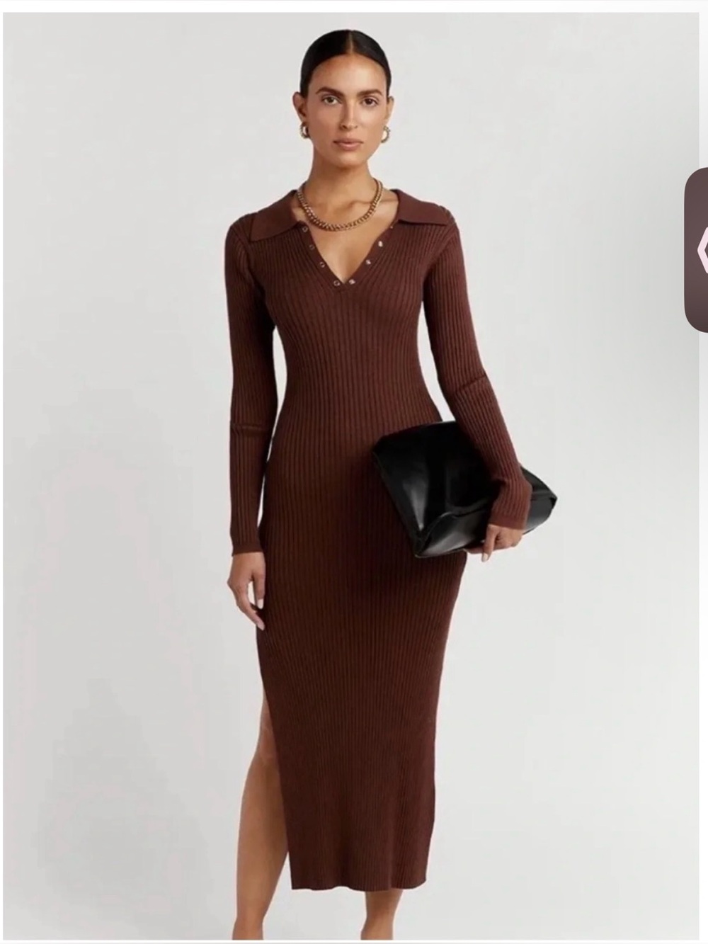 Dissh - Ribbed Long-Sleeve Midi Dress in Brown - Picture 2 of 6